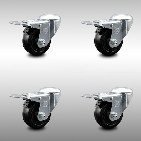 Service Caster 3 Inch SS Hard Rubber Wheel Swivel Bolt Hole Caster Set with Total Lock Brake SCC-SSBHTTL20S314-HRS-4